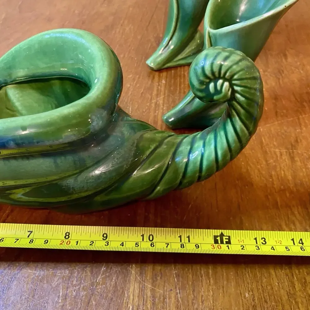 VTG Green Ceramic Cornucopia Candle Holders Haeger McCoy Style Deco Centerpiece